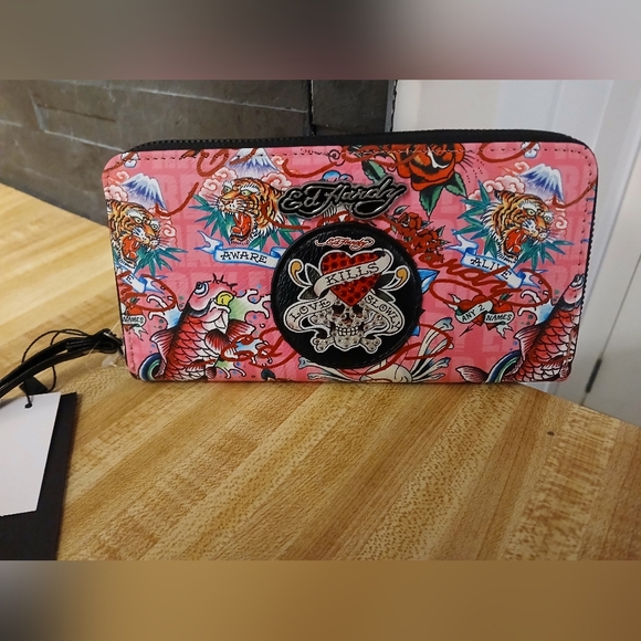 Ed Hardy Handbags - SOLD DO NOT BUY Ed Hardy NWT Pink & Skull Long Full Zip Around Wallet